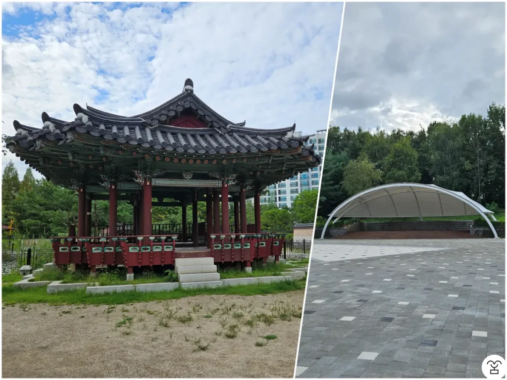 Foto sebelah kiri adalah Paviliun Gyoha, dan foto sebelah kanan adalah lapangan serbaguna.